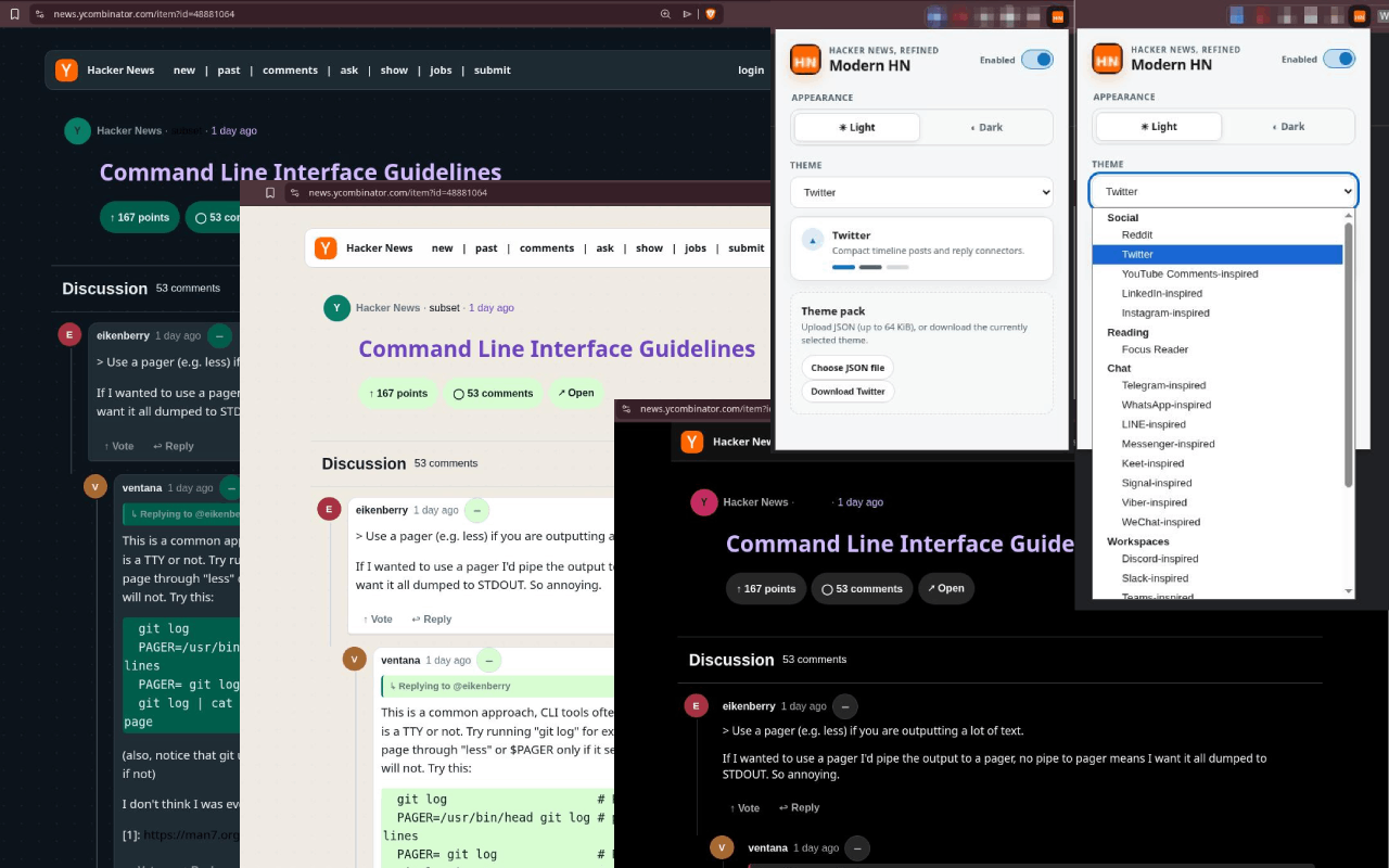 Modern Hacker News in action — multiple theme presets